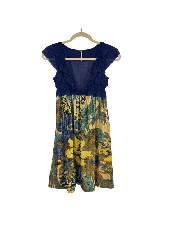 Free People Dresses & Skirts - ✨3/$30 Free People XS Vtg Y2K Blue Floral Velvet Midi Dress Ruffle Polka Dot